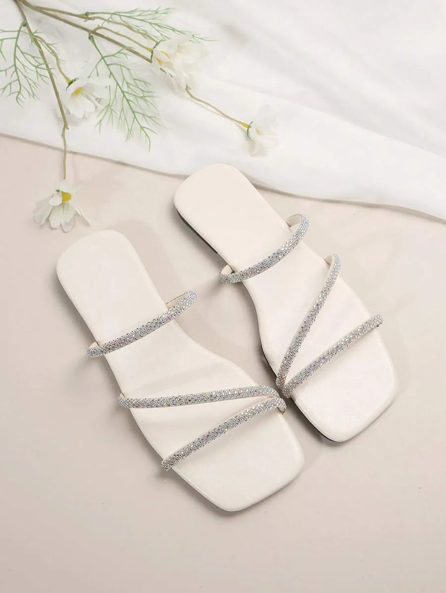 Women's Fashion Rhinestone Slippers, Flat Summer Beach Sandals, Ideal for Dates, Shopping, Parties & Business Occasions