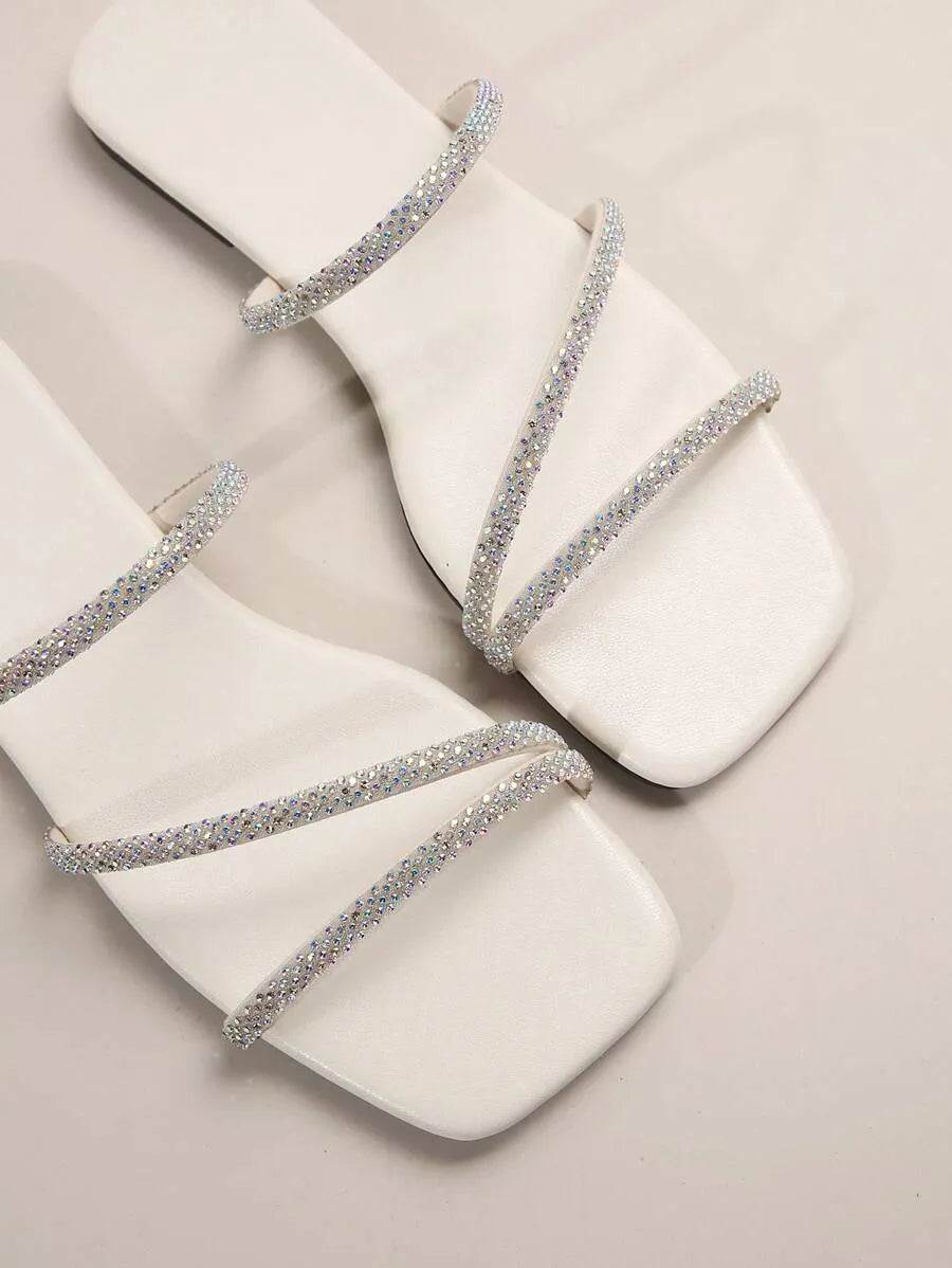 Women's Fashion Rhinestone Slippers, Flat Summer Beach Sandals, Ideal for Dates, Shopping, Parties & Business Occasions
